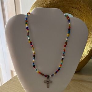 Multicolor Beaded Cross Pendant Necklace - Vibrant Bead Strand